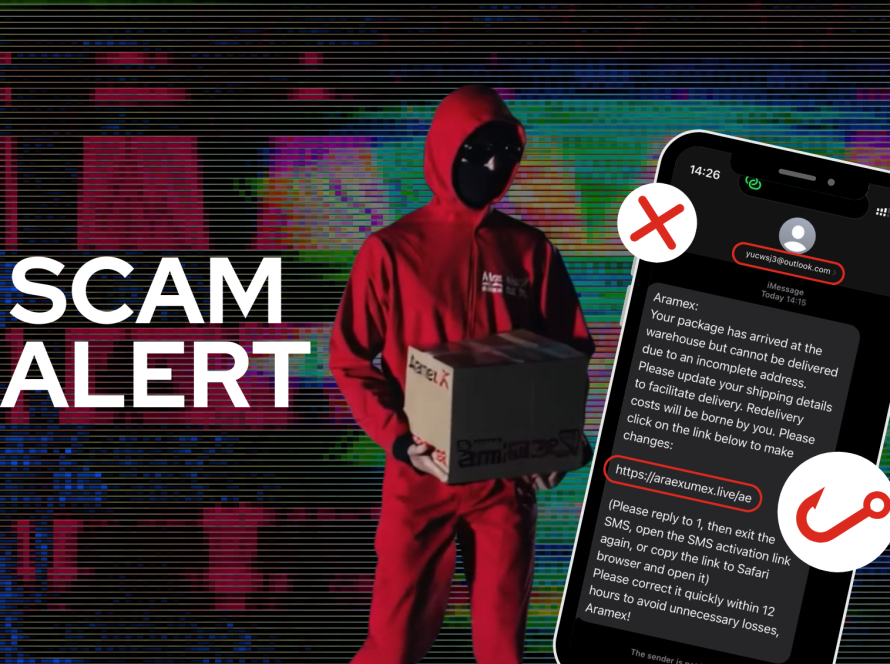 Fraudulent Aramex email warning with a shield icon for protection