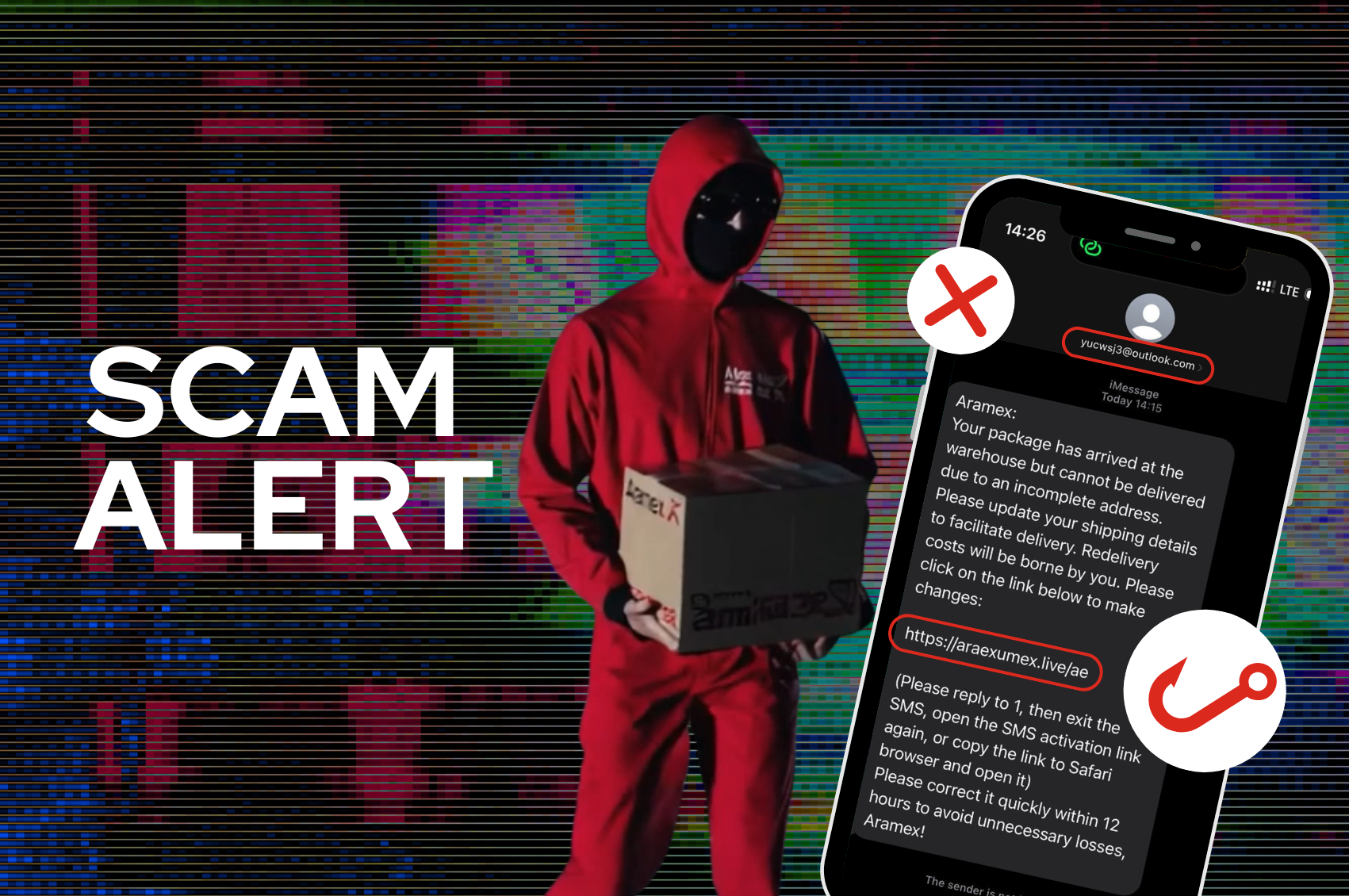 Fraudulent Aramex email warning with a shield icon for protection